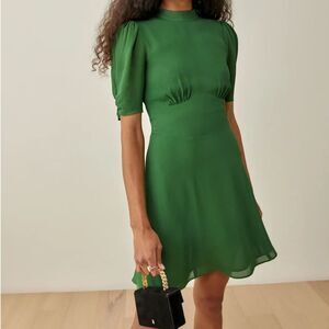 Reformation Short Sleeve High Neck Fit & Flare Mini Dress Green 4